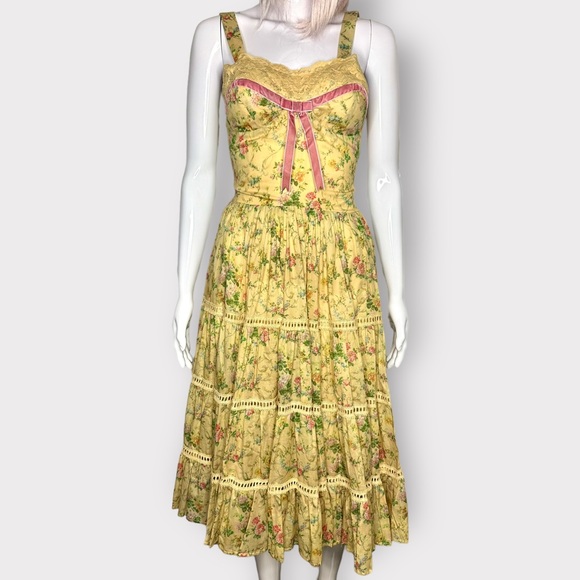 Kitten D’Amour Cottage Core, Fairy, Yellow Floral, Pink Lace Bow Dress - Picture 5 of 11